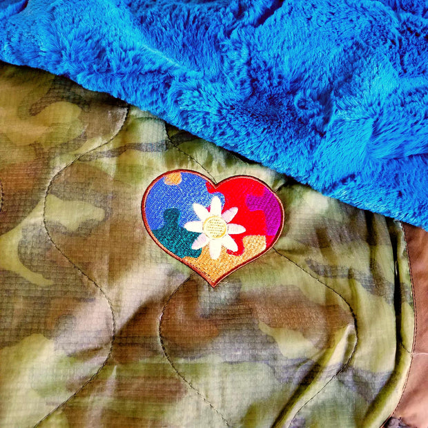 Daisy Autism Heart WeeWoobie Weighted Blanket - Faded Woodland Camo with Mallard Blue Fur