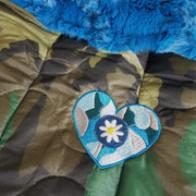 Woodland Camo Pattern Camo Daisy Heart Weighted Woobie Blanket with Pacific Blue Faux Fur