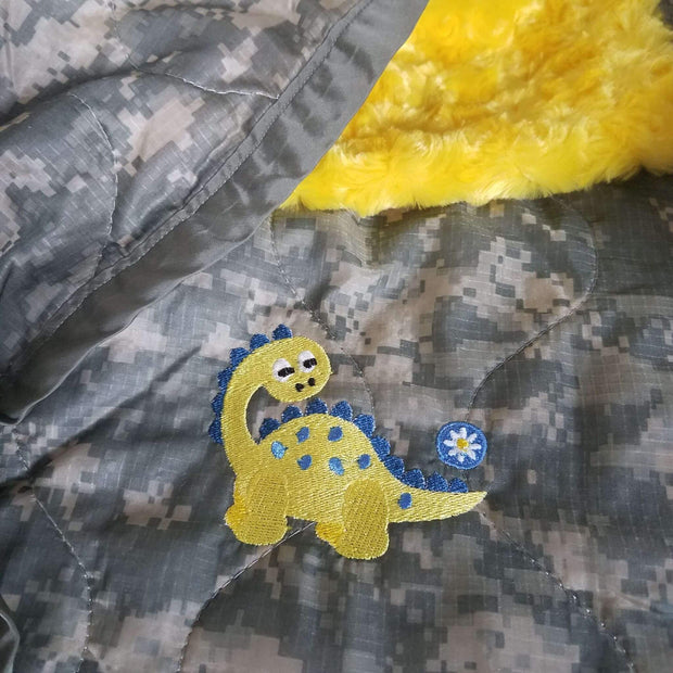 ACU/UCP Camo Pattern Dino Daisy B Design WeeWoobie Weighted Blanket with Canary Faux Fur
