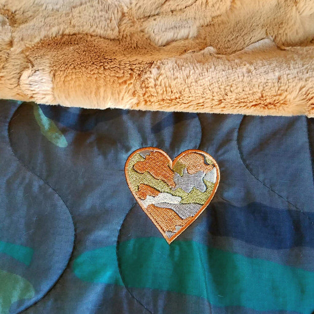 Desert Camo Heart WeeWoobie Weighted Blanket - Woodland Camo with Goldenrod Fur