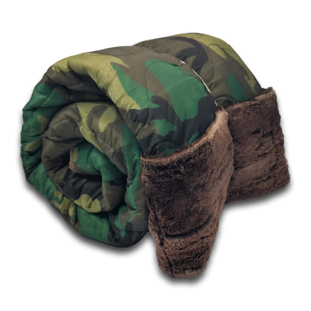 Woodland Camo Pattern 'Heart of Gold' Woobie Weighted Blanket with Chestnut Forest Fox  Fur