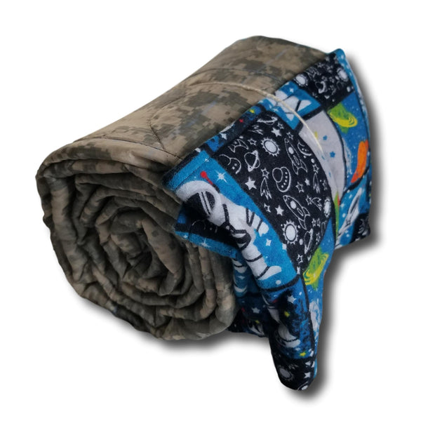 ACU/UCP Out in Space Astronaut Design Woobie Weighted Blanket Backside is Flannelled Out