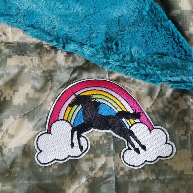 ACU/UCP Camo Pattern Unicorns & Rainbows WeeWoobie Weighted Blanket with Mallard Blue Fur