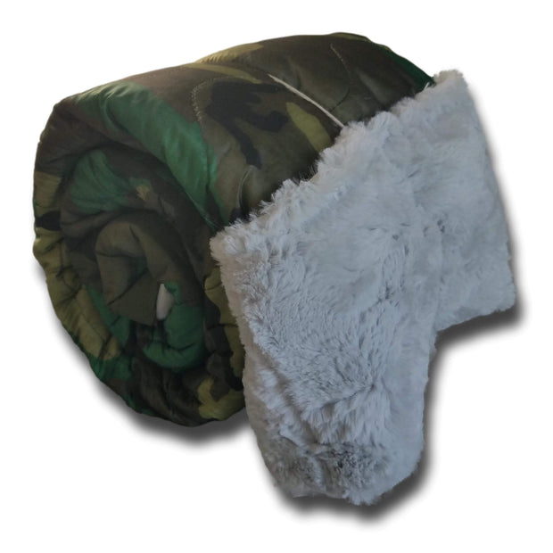 Soldier Thin Blue Line Woodland Camo Pattern Weighted Woobie Blanket with Cloud Faux Fur