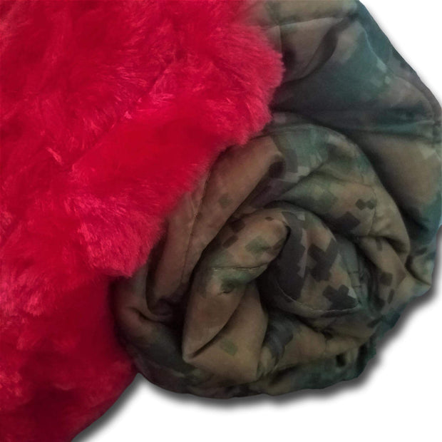 MARPAT Camo Pattern American Flag Eagle WeeWoobie Weighted Blanket with Red Faux Fur