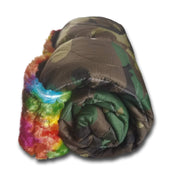Woodland Camo Pattern Rainbow Daisy Woobie Weighted Blanket with Tie Dye Faux Fur
