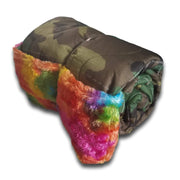 Woodland Camo Pattern Rainbow Daisy Woobie Weighted Blanket with Tie Dye Faux Fur