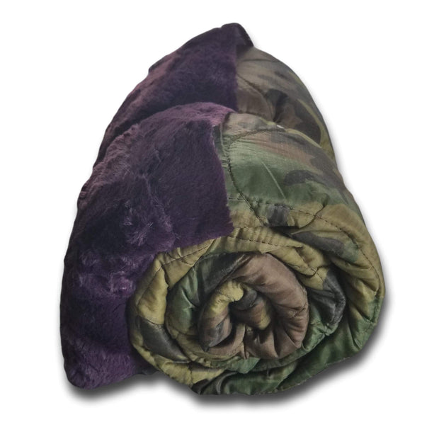 Woodland Camo Pattern Weighted Woobie Blanket with Purple Camo Faux Fur