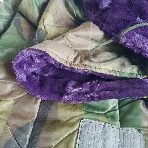 Woodland Camo Pattern Weighted Woobie Blanket with Purple Camo Faux Fur