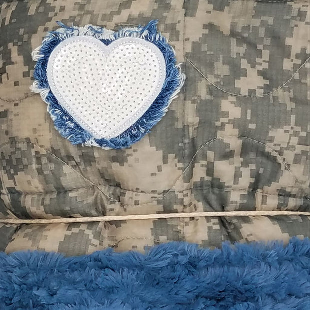 ACU/UCP Camo Pattern Sequin Fringed Heart Chambray Fur - Woobie Weighted Blanket